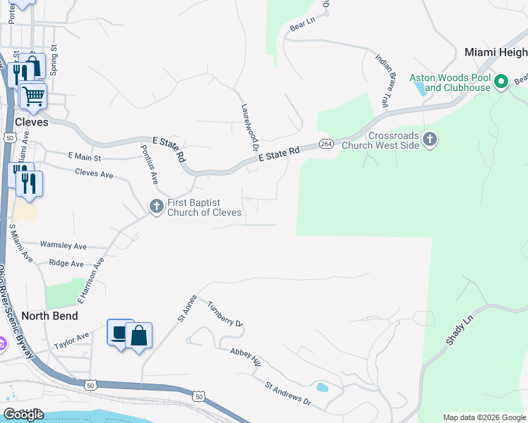map of restaurants, bars, coffee shops, grocery stores, and more near 535 Aston View Lane in Cleves