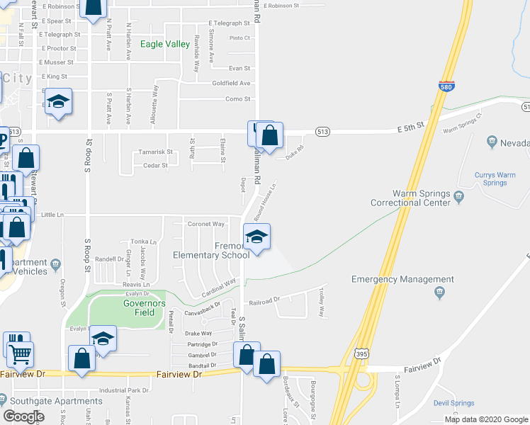 map of restaurants, bars, coffee shops, grocery stores, and more near 992 Round House Lane in Carson City