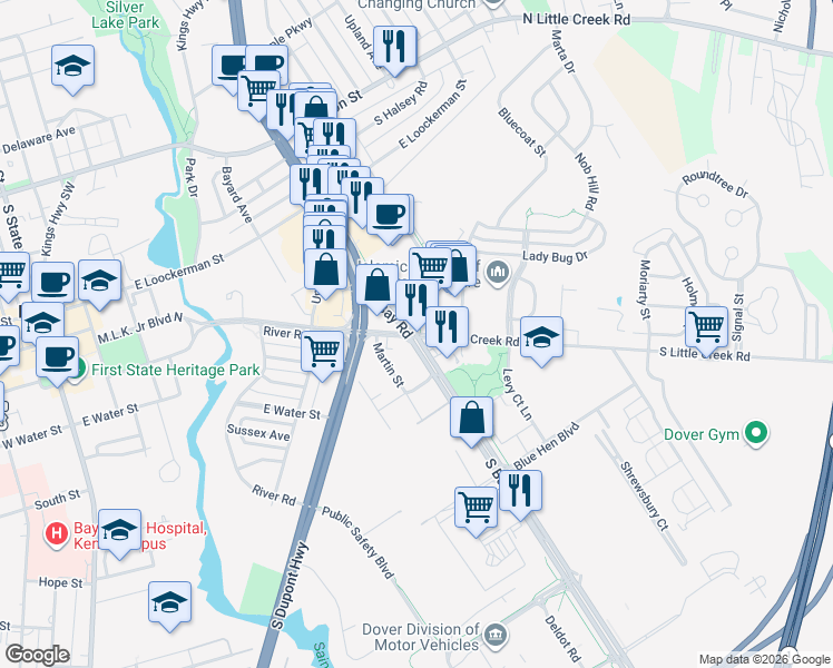 map of restaurants, bars, coffee shops, grocery stores, and more near 9 Little Creek Road in Dover