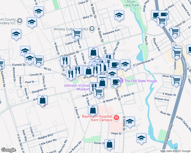 map of restaurants, bars, coffee shops, grocery stores, and more near 122 West Loockerman Street in Dover