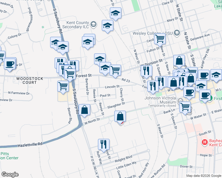map of restaurants, bars, coffee shops, grocery stores, and more near 106 Davis Circle in Dover