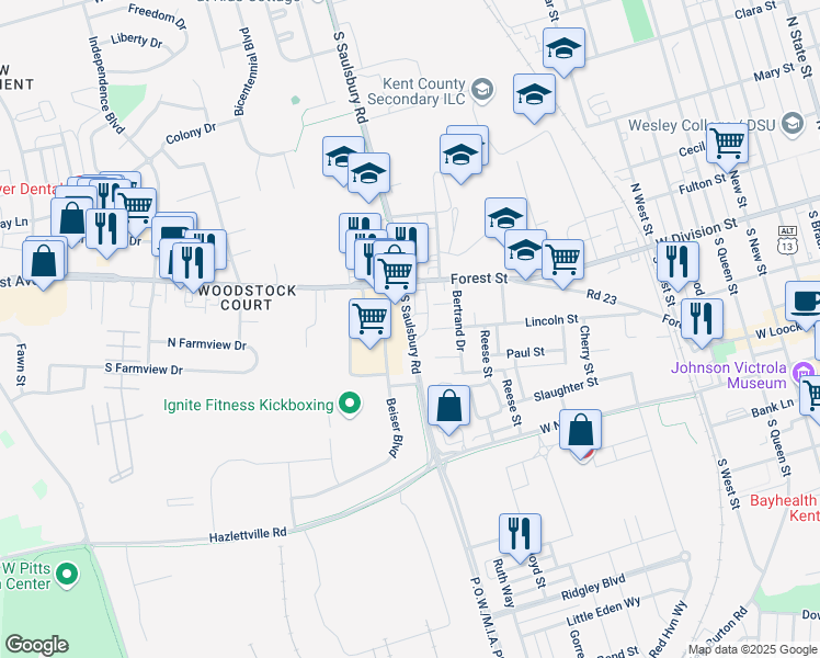 map of restaurants, bars, coffee shops, grocery stores, and more near 1030 Forrest Avenue in Dover