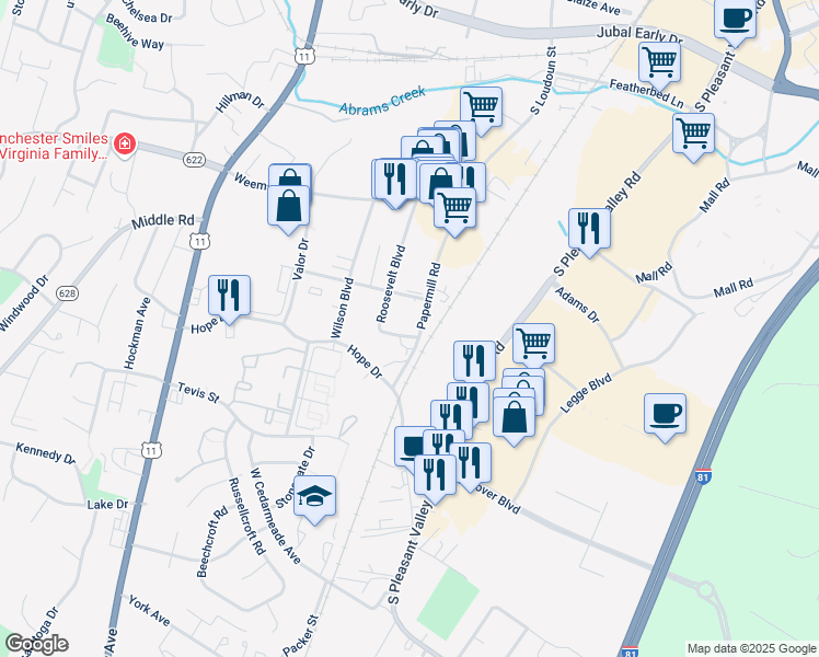 map of restaurants, bars, coffee shops, grocery stores, and more near 2342 Roosevelt Boulevard in Winchester