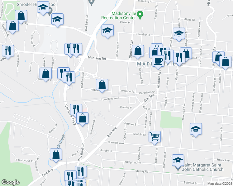 map of restaurants, bars, coffee shops, grocery stores, and more near 4711 Osgood Street in Cincinnati