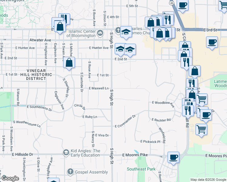 map of restaurants, bars, coffee shops, grocery stores, and more near 2100 East Maxwell Lane in Bloomington