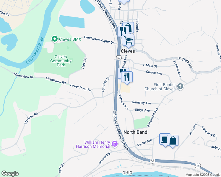 map of restaurants, bars, coffee shops, grocery stores, and more near 239 Bassett Street in Cleves