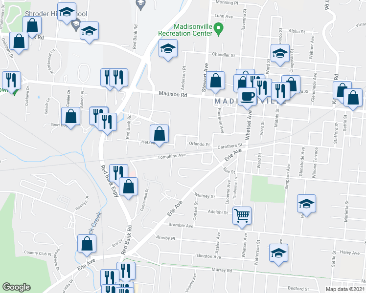 map of restaurants, bars, coffee shops, grocery stores, and more near 4711 Osgood Street in Cincinnati