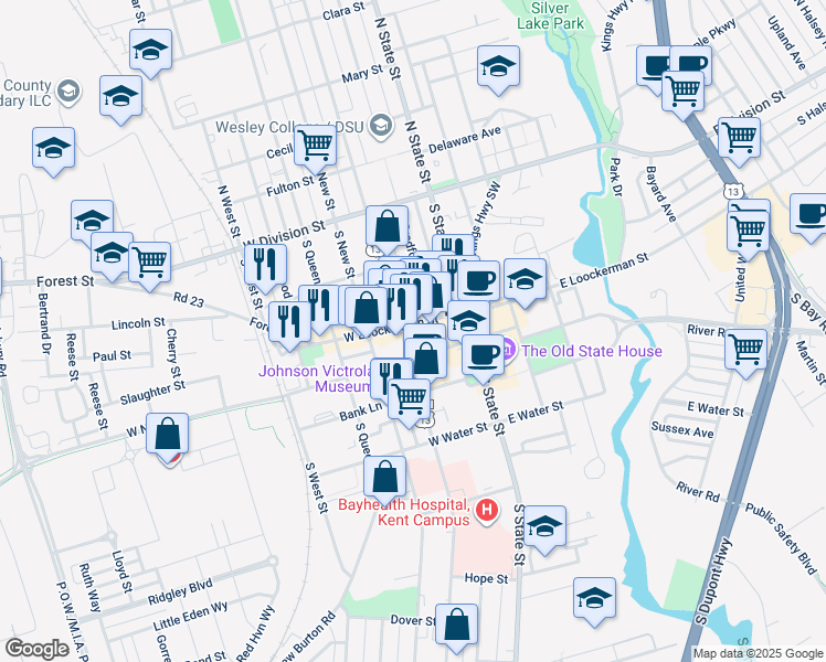 map of restaurants, bars, coffee shops, grocery stores, and more near 132 West Loockerman Street in Dover