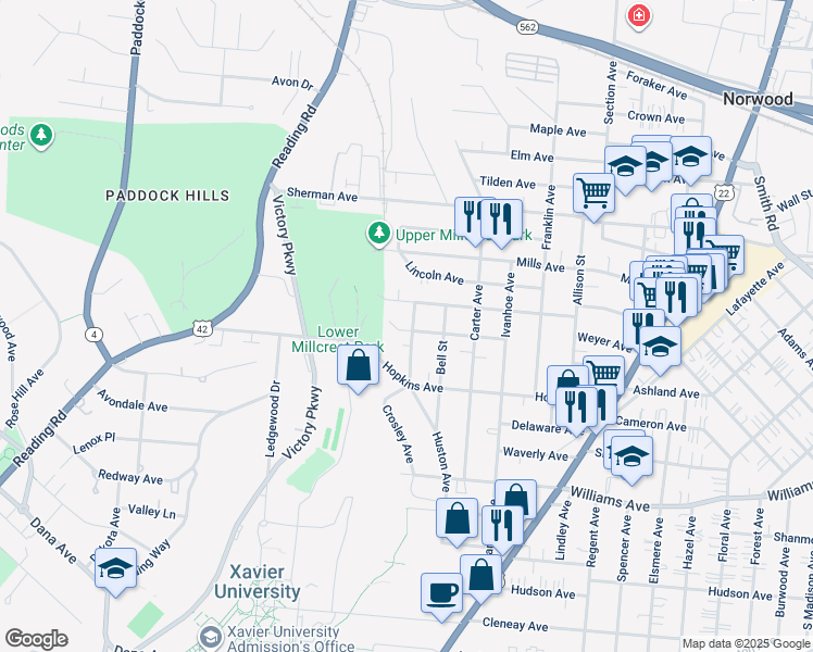 map of restaurants, bars, coffee shops, grocery stores, and more near 4303 Lowry Avenue in Cincinnati