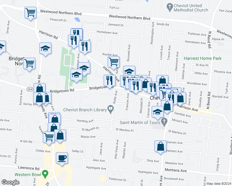map of restaurants, bars, coffee shops, grocery stores, and more near 3773 Robb Avenue in Cheviot