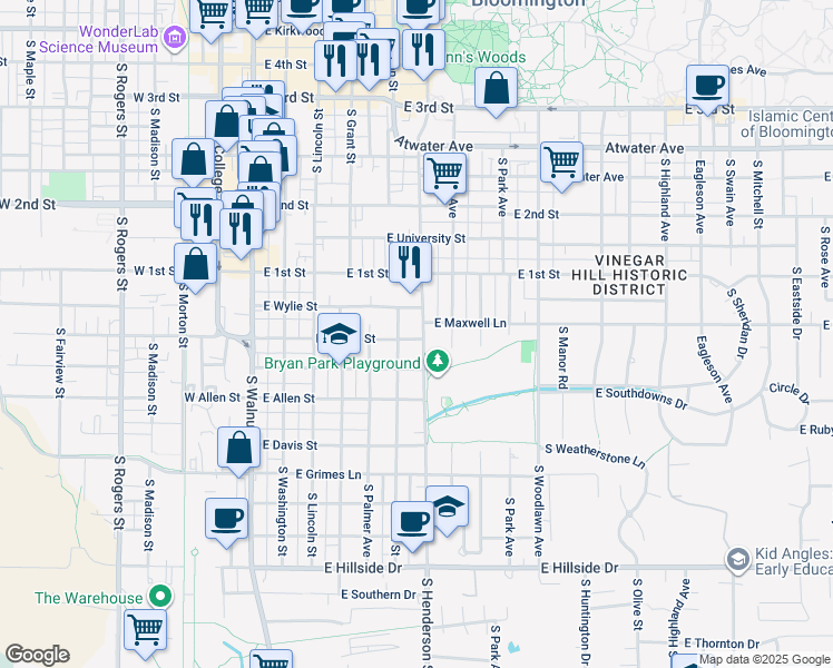 map of restaurants, bars, coffee shops, grocery stores, and more near 844 South Henderson Street in Bloomington