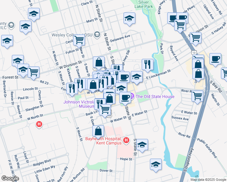 map of restaurants, bars, coffee shops, grocery stores, and more near in Dover