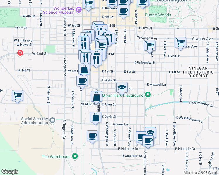 map of restaurants, bars, coffee shops, grocery stores, and more near 729 South Washington Street in Bloomington