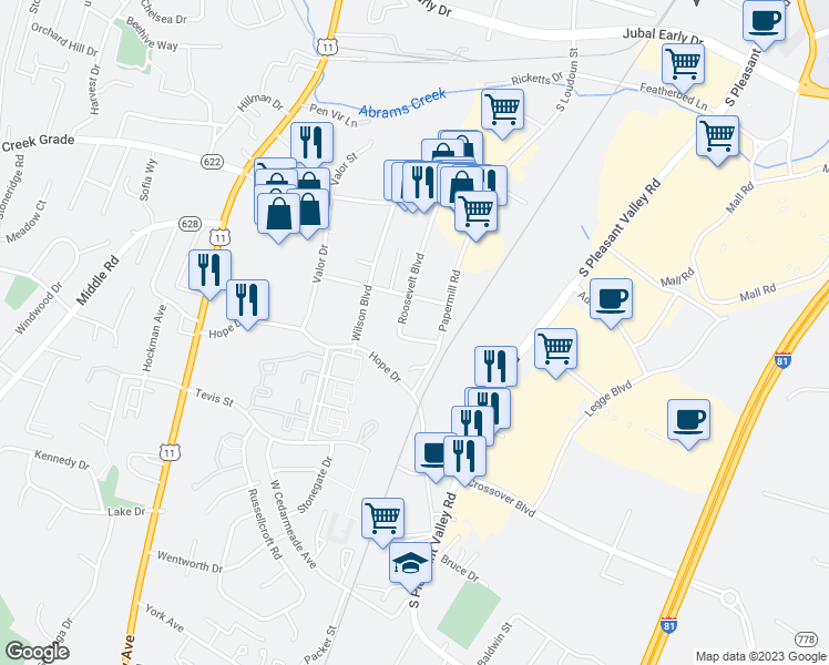 map of restaurants, bars, coffee shops, grocery stores, and more near 2336 Roosevelt Boulevard in Winchester