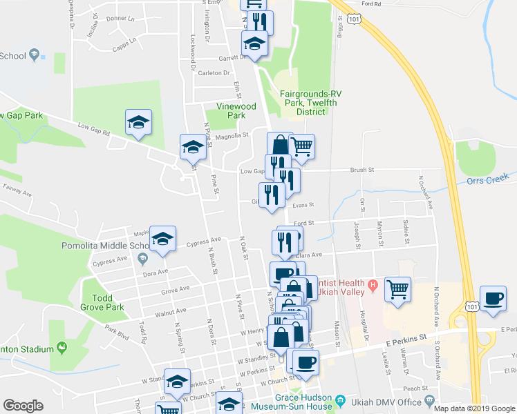 map of restaurants, bars, coffee shops, grocery stores, and more near 147 Gibson Street in Ukiah