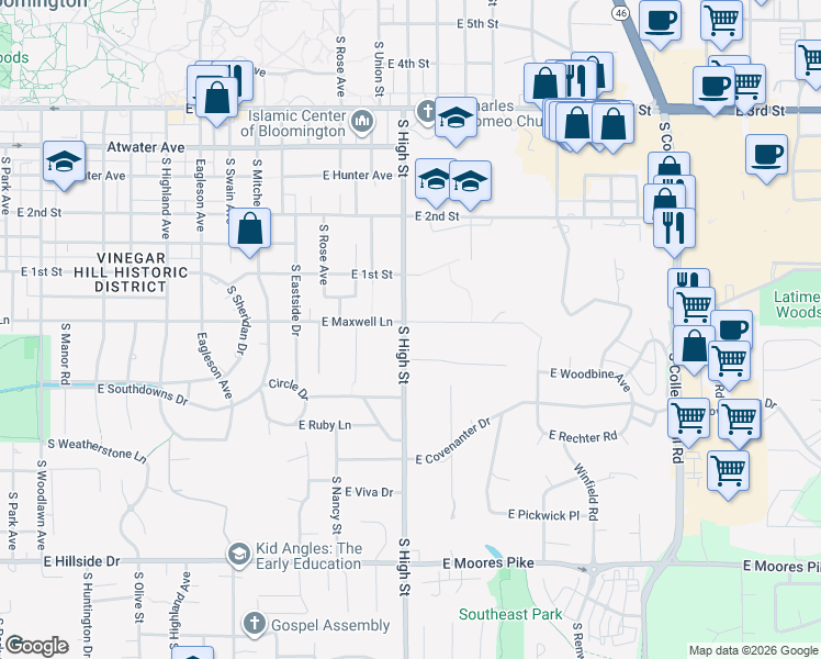 map of restaurants, bars, coffee shops, grocery stores, and more near 2100 East Maxwell Lane in Bloomington