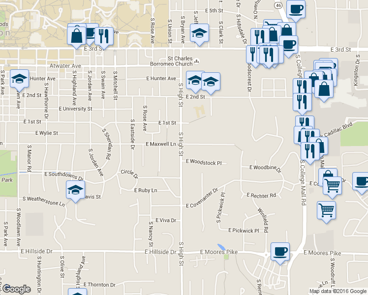 map of restaurants, bars, coffee shops, grocery stores, and more near 2100 East Maxwell Lane in Bloomington