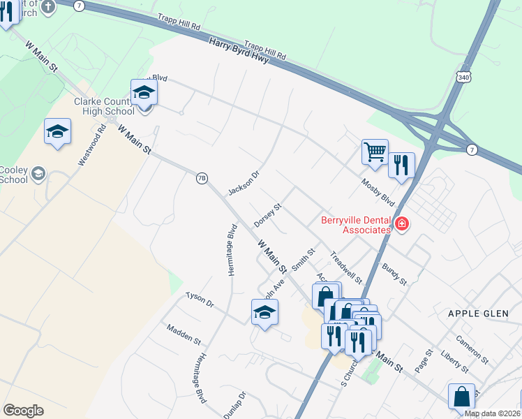 map of restaurants, bars, coffee shops, grocery stores, and more near 404 Academy Street in Berryville
