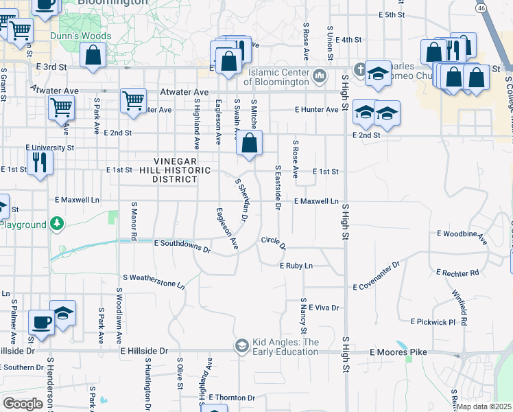 map of restaurants, bars, coffee shops, grocery stores, and more near 1510 East Maxwell Lane in Bloomington
