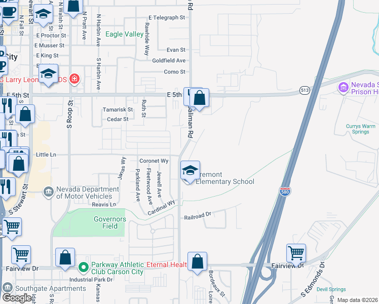 map of restaurants, bars, coffee shops, grocery stores, and more near 992 Round House Lane in Carson City