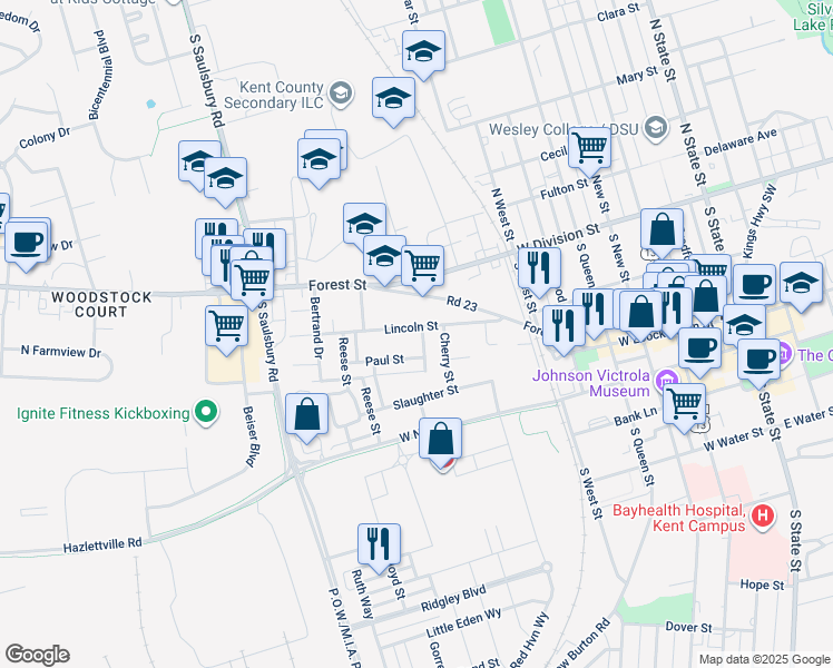 map of restaurants, bars, coffee shops, grocery stores, and more near 106 Davis Circle in Dover