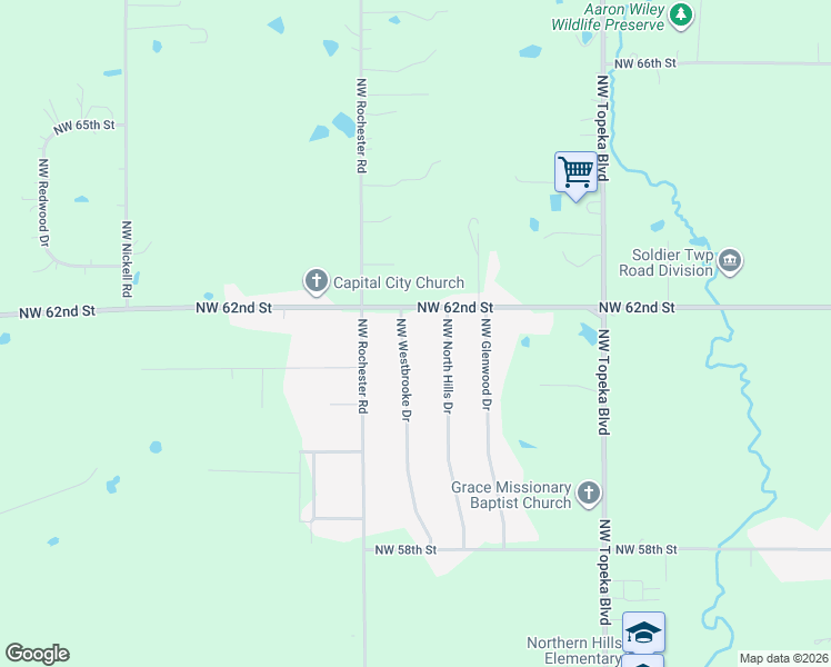 map of restaurants, bars, coffee shops, grocery stores, and more near 6142 Northwest Westbrooke Drive in Topeka
