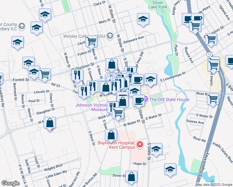map of restaurants, bars, coffee shops, grocery stores, and more near 142 West Loockerman Street in Dover