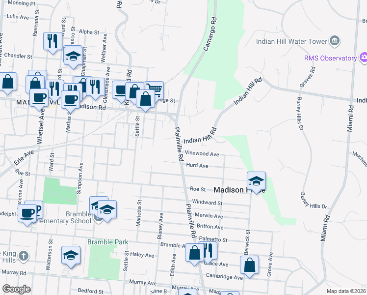 map of restaurants, bars, coffee shops, grocery stores, and more near 4830 Plainville Rd in Cincinnati