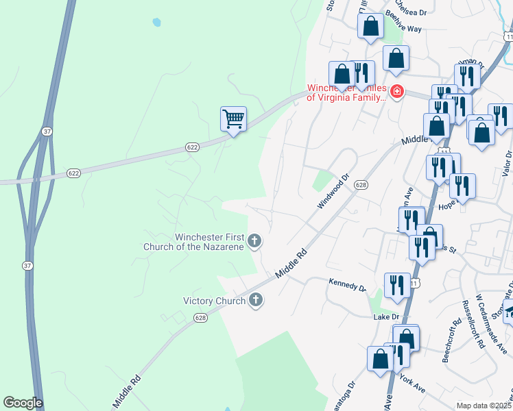 map of restaurants, bars, coffee shops, grocery stores, and more near 430 Mikey Court in Winchester