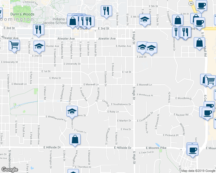 map of restaurants, bars, coffee shops, grocery stores, and more near 1704 East Maxwell Lane in Bloomington