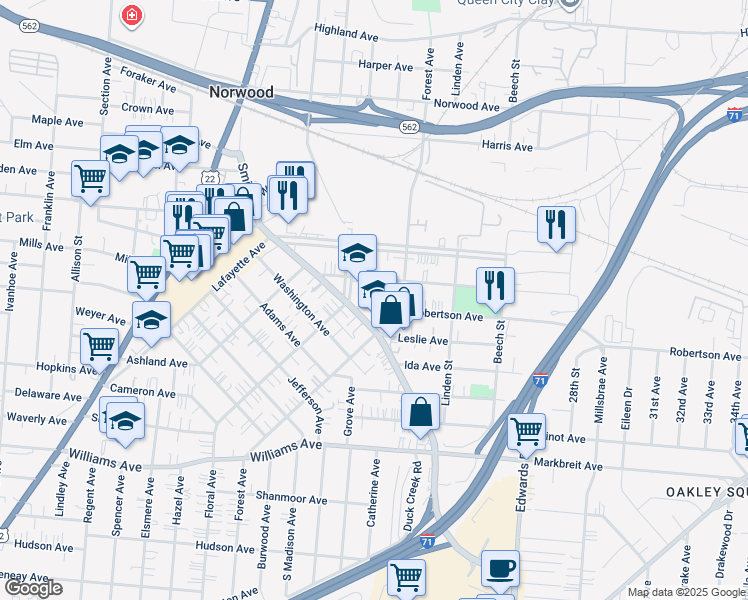 map of restaurants, bars, coffee shops, grocery stores, and more near 2322 Robertson Avenue in Cincinnati