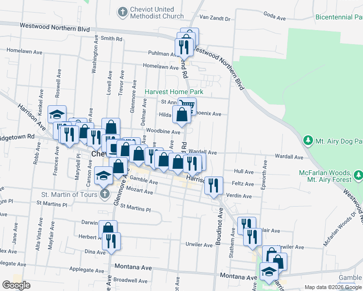 map of restaurants, bars, coffee shops, grocery stores, and more near 3858 North Bend Road in Cheviot