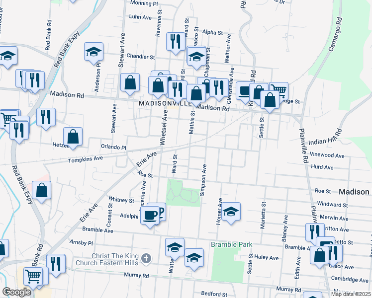 map of restaurants, bars, coffee shops, grocery stores, and more near 4727 Mathis Street in Cincinnati