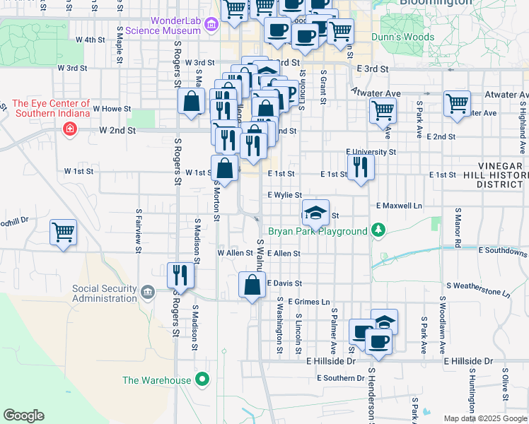 map of restaurants, bars, coffee shops, grocery stores, and more near 729 South Walnut Street in Bloomington