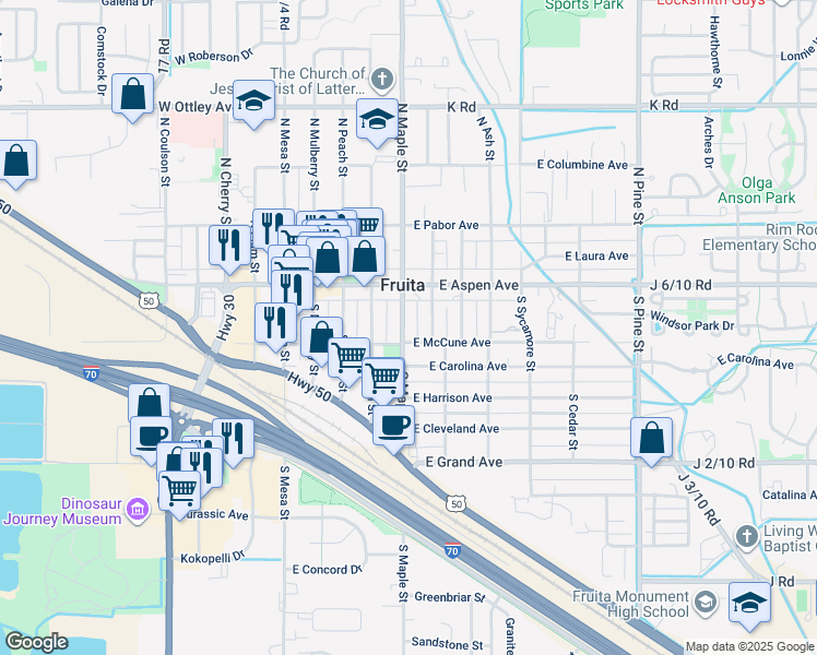 map of restaurants, bars, coffee shops, grocery stores, and more near 164 South Maple Street in Fruita