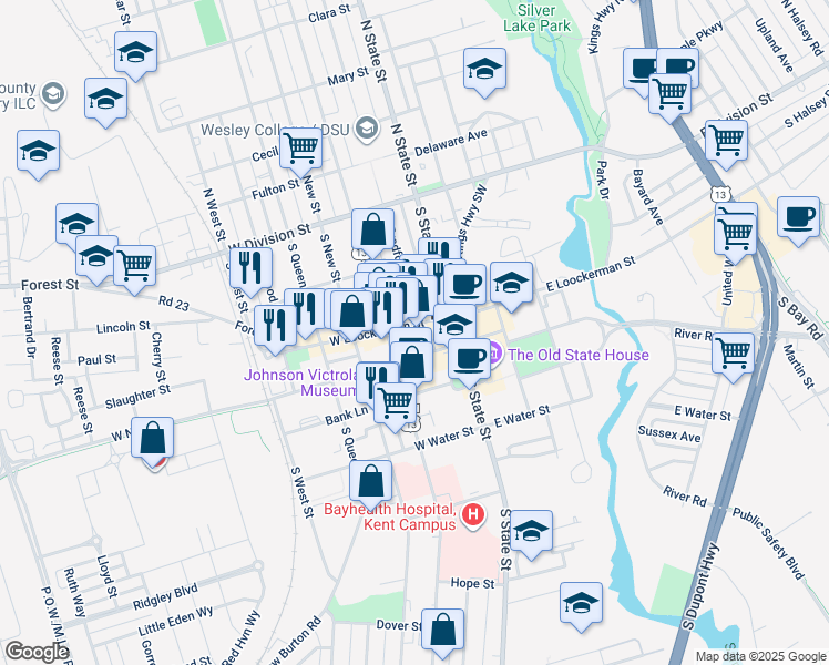 map of restaurants, bars, coffee shops, grocery stores, and more near 108 West Loockerman Street in Dover
