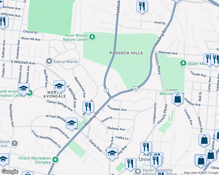 map of restaurants, bars, coffee shops, grocery stores, and more near 4024 Paddock Road in Cincinnati