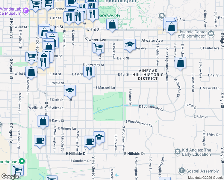 map of restaurants, bars, coffee shops, grocery stores, and more near 810 East Maxwell Lane in Bloomington