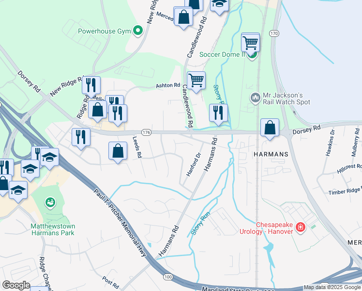 map of restaurants, bars, coffee shops, grocery stores, and more near 1327 Craghill Court in Hanover