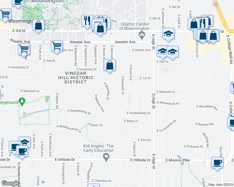 map of restaurants, bars, coffee shops, grocery stores, and more near 1514 East Maxwell Lane in Bloomington