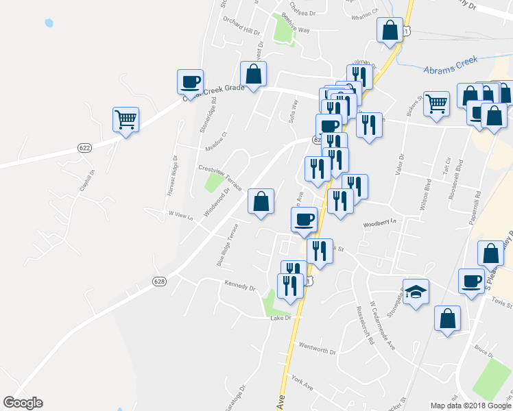 map of restaurants, bars, coffee shops, grocery stores, and more near 2601 Cedar Circle in Winchester