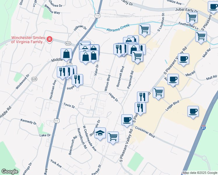 map of restaurants, bars, coffee shops, grocery stores, and more near 2328 Wilson Boulevard in Winchester
