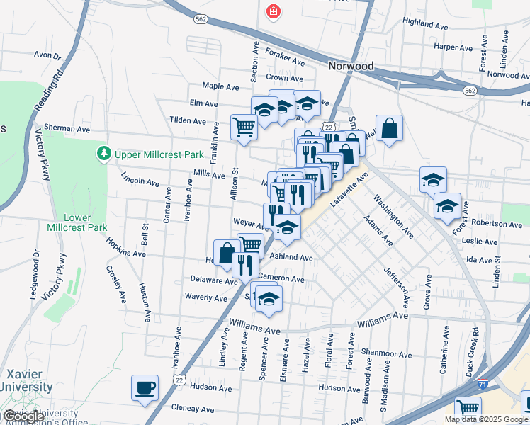 map of restaurants, bars, coffee shops, grocery stores, and more near 2053 Courtland Avenue in Cincinnati