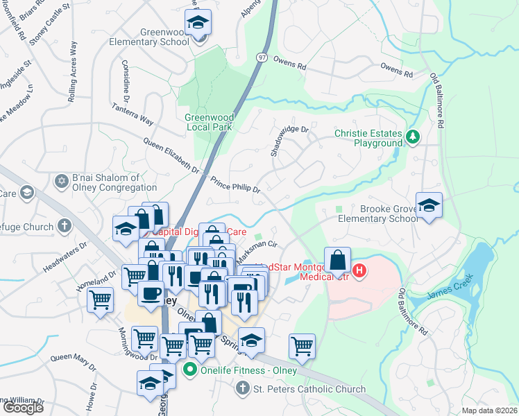 map of restaurants, bars, coffee shops, grocery stores, and more near 3014 Finsel Court in Olney