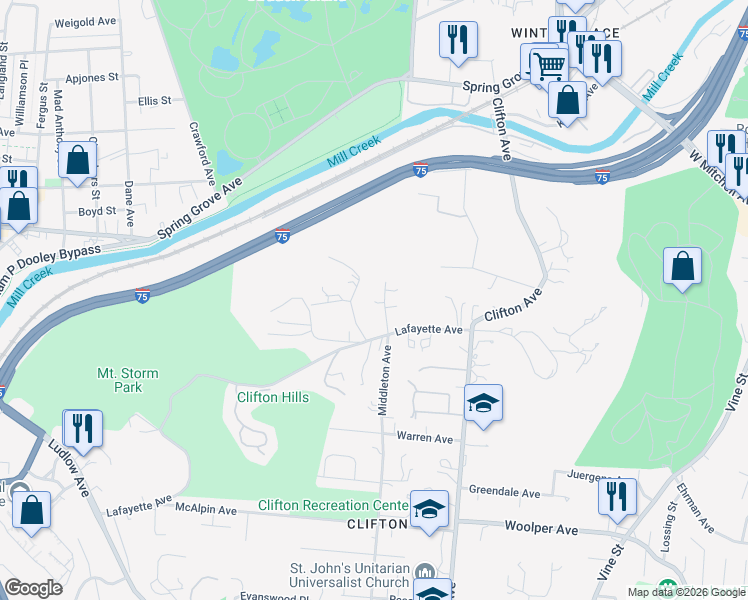 map of restaurants, bars, coffee shops, grocery stores, and more near 3917 Middleton Avenue in Cincinnati