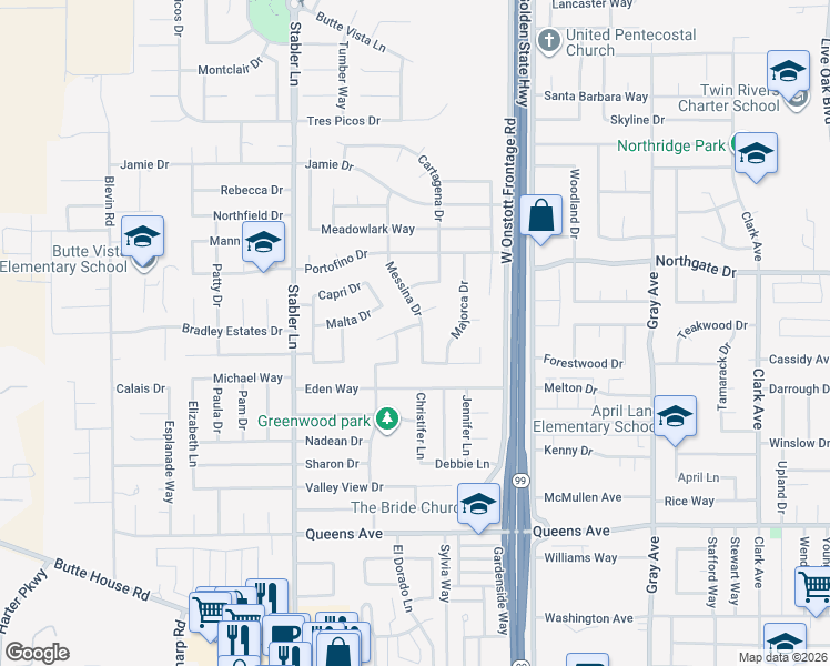 map of restaurants, bars, coffee shops, grocery stores, and more near 1692 Messina Drive in Yuba City
