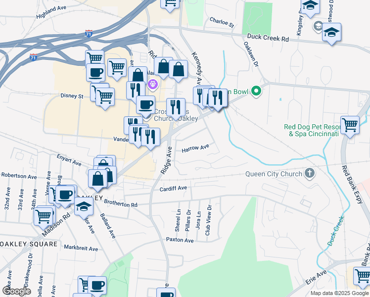 map of restaurants, bars, coffee shops, grocery stores, and more near 3518 Harrow Avenue in Cincinnati