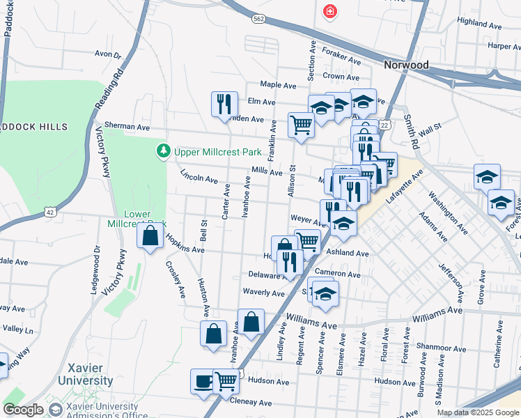map of restaurants, bars, coffee shops, grocery stores, and more near 4315 Franklin Avenue in Cincinnati