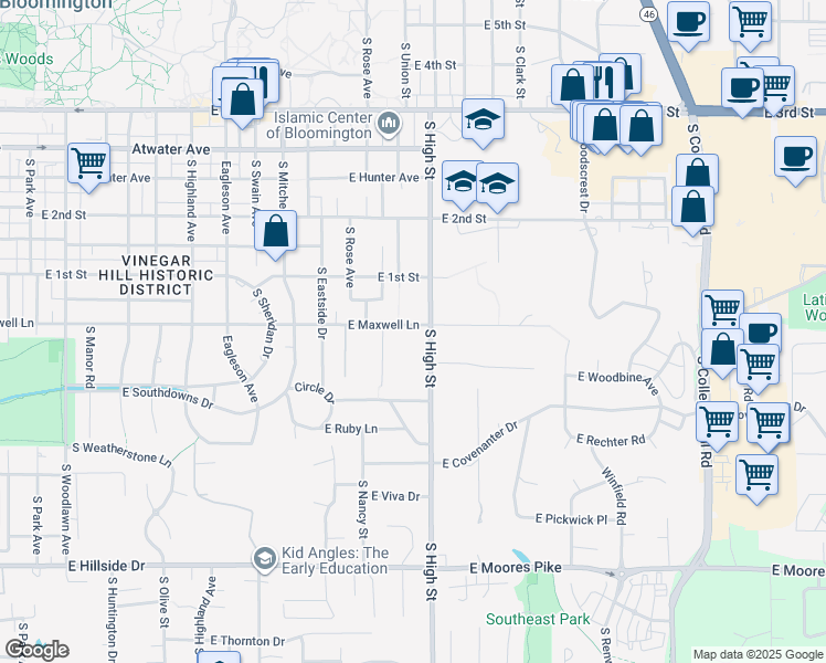 map of restaurants, bars, coffee shops, grocery stores, and more near 1902 East Maxwell Lane in Bloomington
