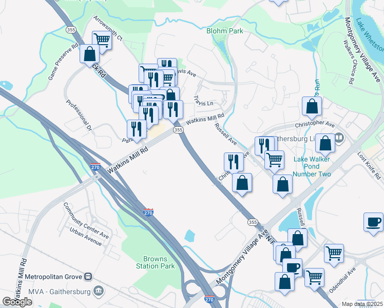 map of restaurants, bars, coffee shops, grocery stores, and more near 960 North Frederick Road in Gaithersburg